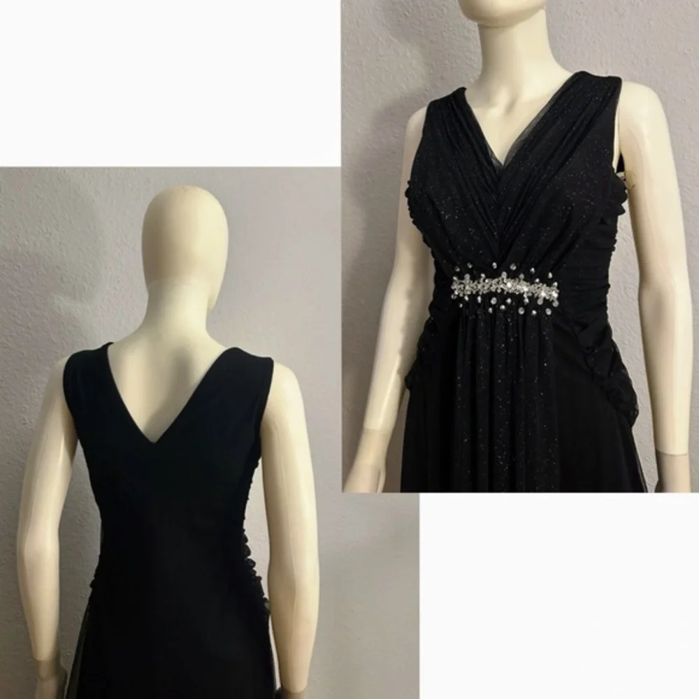 NWT A-Line Formal Maxi Dress‎ Sleeveless V-Neck Tulle Beaded Evening Gown Black
